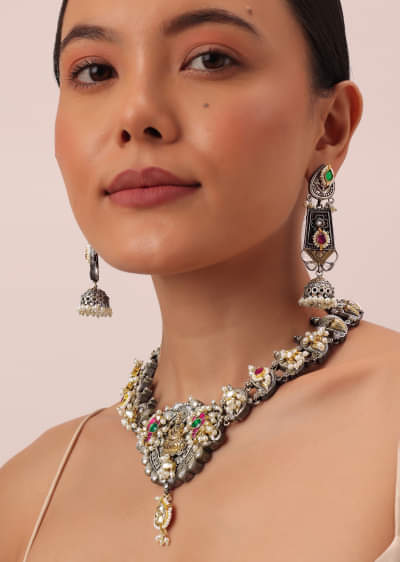Oxidized Meenakari Necklace With Long Jhumkas 