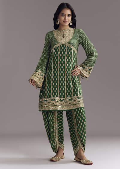 Green Printed Crepe Dhoti Set With Keyhole Neck