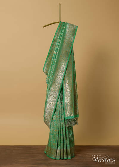 Parrot Green Katan Silk Banarasi Ikat Patola Weave Saree With Unstitched Blouse Piece