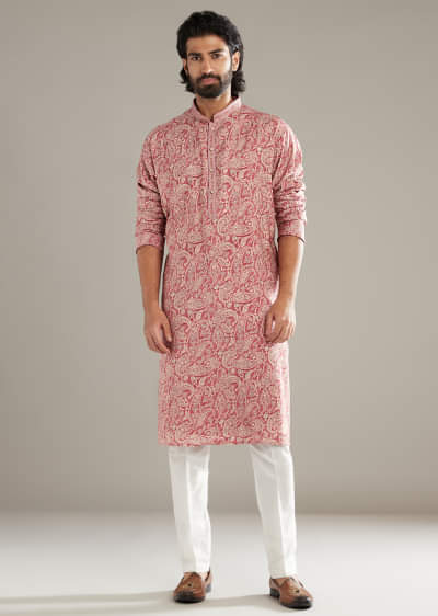 Peach Silk Kurta Set For Men With Paisley Print