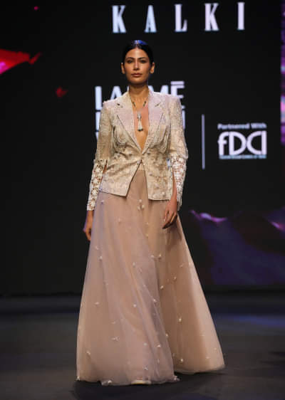Peach Banarasi Embroidered Jacket With Palazzo And Suspender