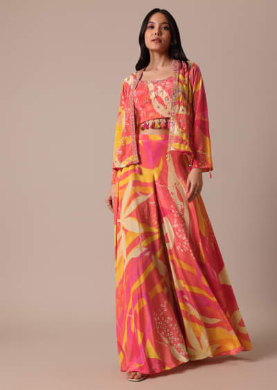 Peach Indo Fusion Jacket Set With Mirror Work