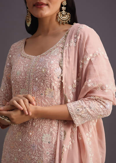 Peach Lucknowi Kurta Set With Resham Work Dupatta 