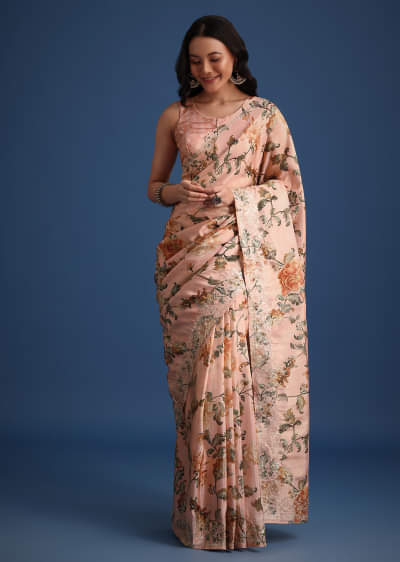 Peach Tissue Muslin Digital Print Saree With Pitta Work Border