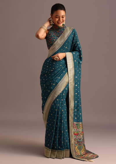 Peacock Blue Dola Silk Bandhani Saree With Meenakari Border Pallu And Unstitched Blouse