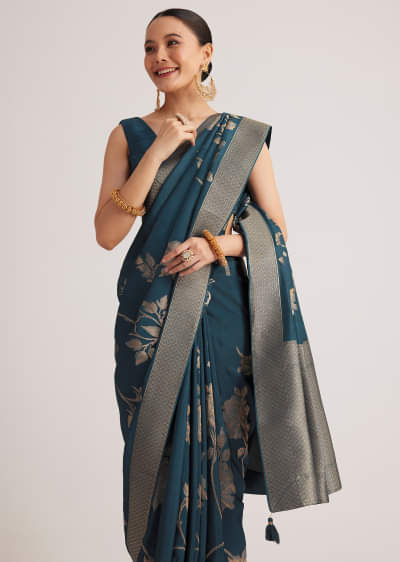 Peacock Blue Dola Silk Saree With Floral Motif