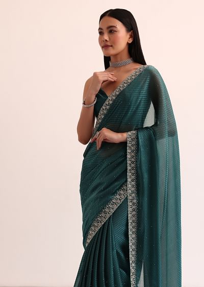 Peacock Blue Organza Saree With Cut Dana Embroidery And Unstitched Blouse