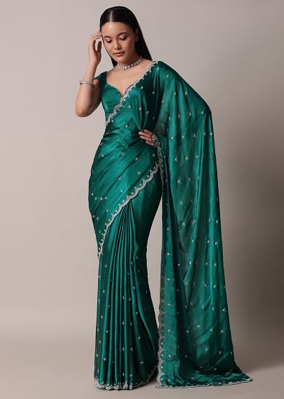 Buy Emerald Green Saree In Satin With Zardozi And Sequins Buy Emerald Green Saree In Satin With Zardozi And Sequins