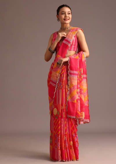 Pink Abstract Printed Muslin Saree