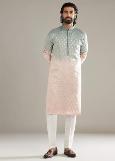 Pink And Green Ombre Silk Kurta Set For Men With Foil Motifs