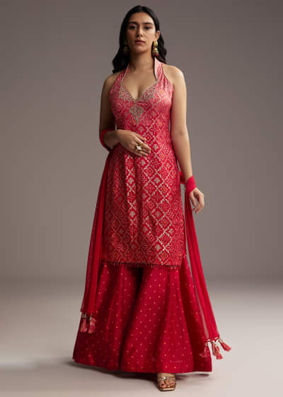Pink And Red Ombre Silk Palazzo Suit With Bandhani Print