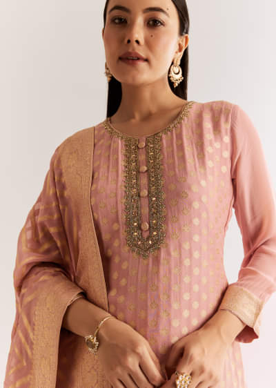Pink Banarasi Georgette Kurta Set With Zardosi Neckline