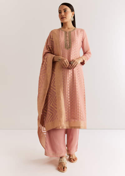 Pink Banarasi Georgette Kurta Set With Zardosi Neckline