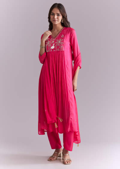 Pink Chinon Anarkali Suit With Moti And Resham Embroidery