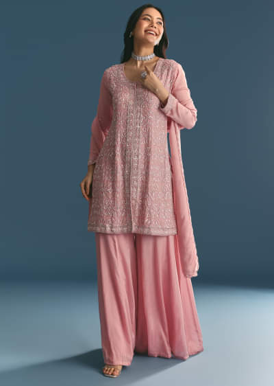 Pink Chinon Kurta Palazzo Suit With Cutdana And Sequins