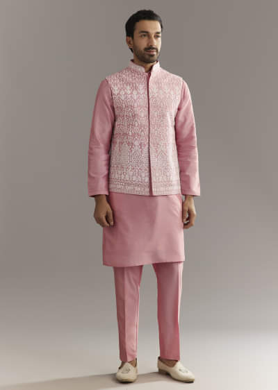 Pink Cotton Silk Jacket Kurta Set With Mirror And Dori Work