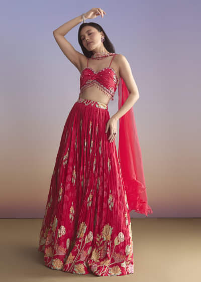 Pink Crepe Bridesmaid Lehenga With Floral Print