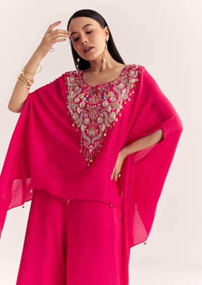 Pink Dola Silk Cape Kurta Set With Embroidery