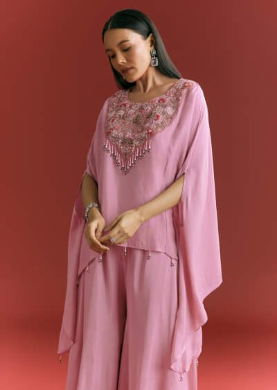 Pink Dola Silk Kaftaan Indowestern Suit With Zardosi Work