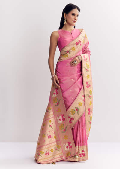 Pink Dola Silk Paithani Saree With Dollar Butti And Multicolor Motif