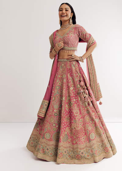 Pink Georgette Printed Cutdana Stonework Lehenga With Net Dupatta
