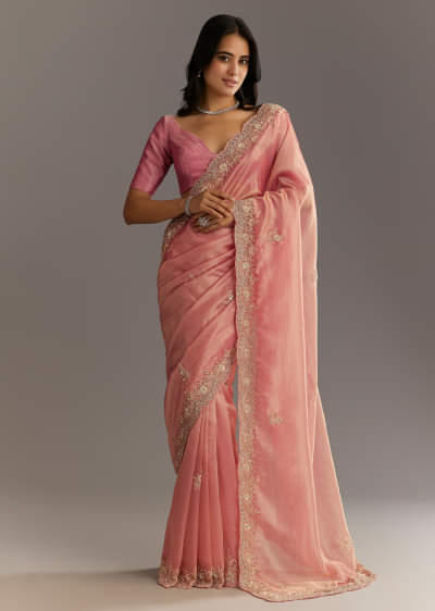 Pink Glass Tissue Sareee With Embroidered Scallop Border