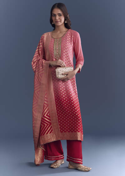 Pink Ombre Georgette Kurta Set With Banarasi Weave