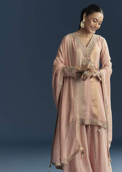 Pink Organza Palazzo Suit With Zari And Mirror Embroidery