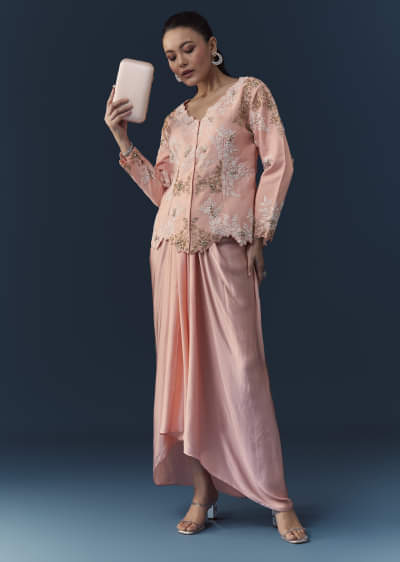 Pink Satin Silk Top Skirt Set with Moti Embellishments