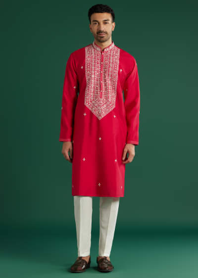Pink Silk Kurta Set For Men With Mirror And Thread Work