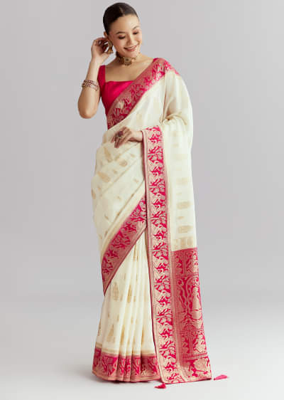 Pink Silk Woven Saree With Brocade Work