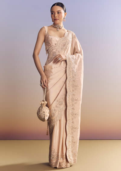 Pink Tissue Saree With Scallop Border