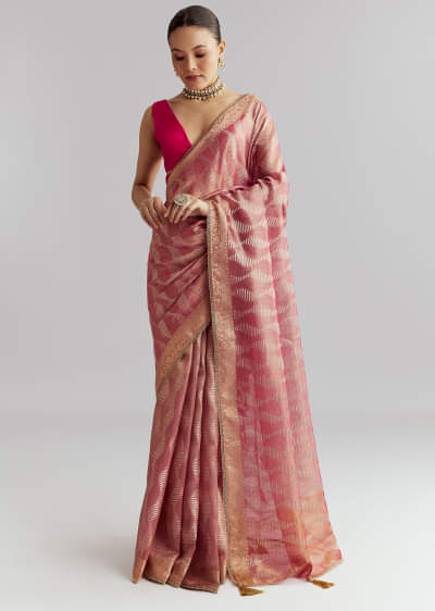 Pink Tissue Silk Woven Saree With Weavy Motif Embroidery