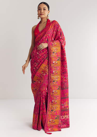 Pink Traditional Element Printed Woven Saree