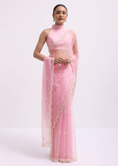 Buy Lemonade Pink Saree In Organza With Mirror Work And A Buy Lemonade Pink Saree In Organza With Mirror Work And A