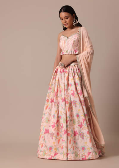 Buy Powder Pink Lehenga Set In Chinon With Floral Print And