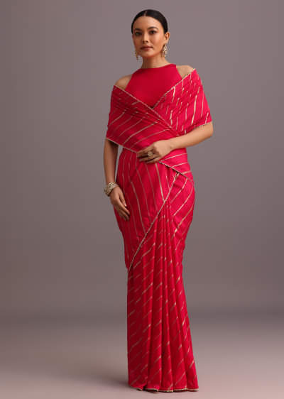 Pink Dola Silk Woven Saree And Gota Patti Border With Unstitched Blouse