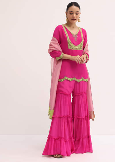 Pink Embroidered Chiffon Kurta Sharara Set
