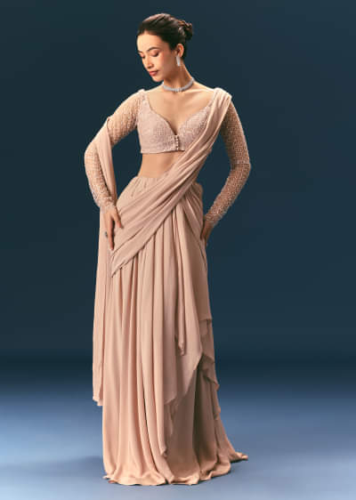 Pink Embroidered Draped Skirt Saree With Blouse