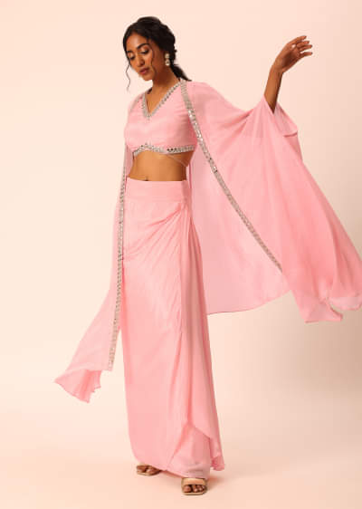 Pink Jacket And Dhoti Set With Mirror Work