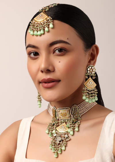 Pink Kundan Choker Set With Green Bead Drops
