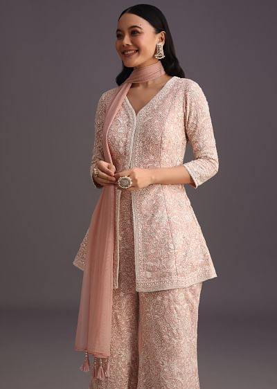 Buy Taupe Peplum Top And Flared Palazzo Pants With Sequins Buy Taupe Peplum Top And Flared Palazzo Pants With Sequins