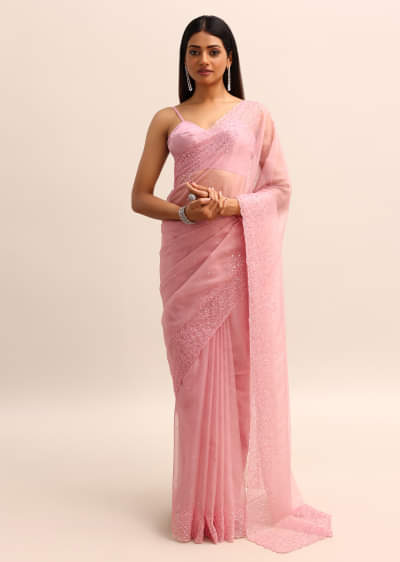 Pink Organza Saree With Resham Thread And Sequins Border Pallu With Unstitched Blouse