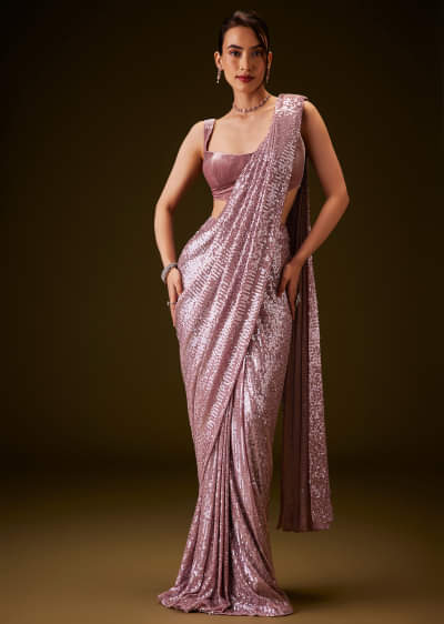  Pink Sequins Ready Pleated Saree with Velvet Backless Blouse