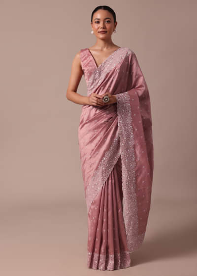 Pink Embroidered Tussar Saree With Unstitched Blouse