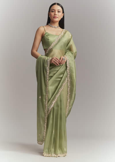 Pista Green Tissue Embroidered Saree With Heavy Hand Embroidery