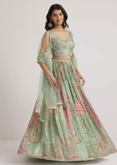 Pista Green Mirror And Zari Embroidered Lehenga Set