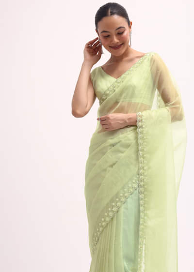 Pista Green Organza Saree In Sequins With Unstitched Blouse