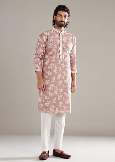 Powder Pink Kurta Set For Men With Floral Print And Mirror Work