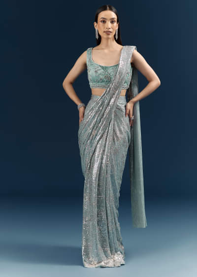 Powder Blue Imported Sequins And Net Ready Pleated Saree With Embroidery